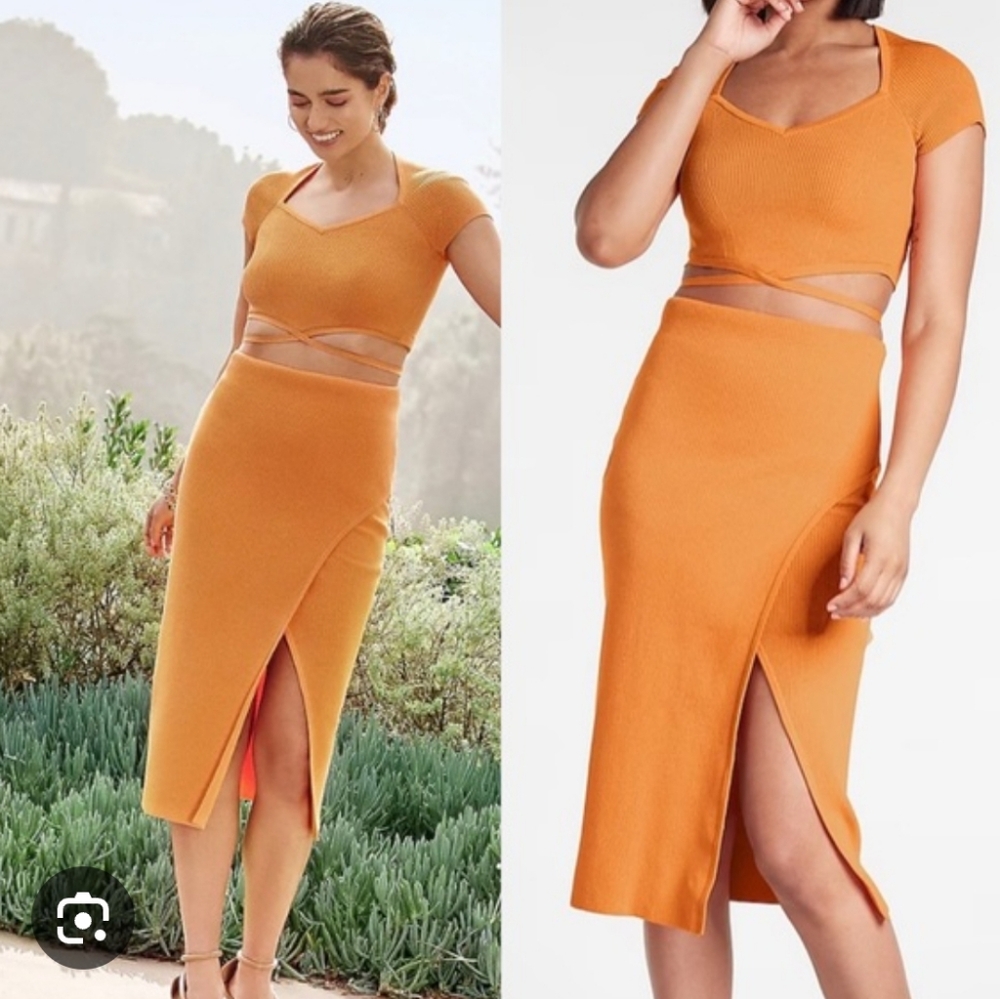 Women's Orange Midi Skirt with Front Slit
